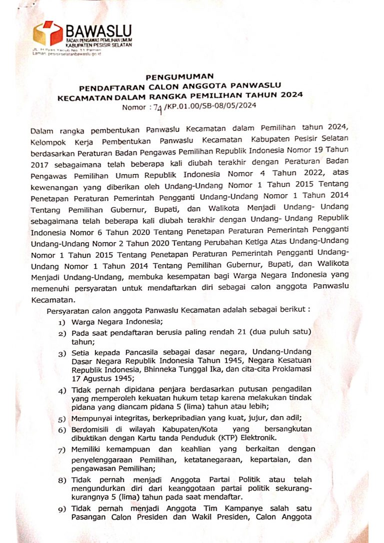 PENGUMUMAN PENDAFTARAN CALON ANGGOTA PANWASLU KECAMATAN DI KABUPATEN PESISIR SELATAN UNTUK PILKADA TAHUN&nbsp;2024
